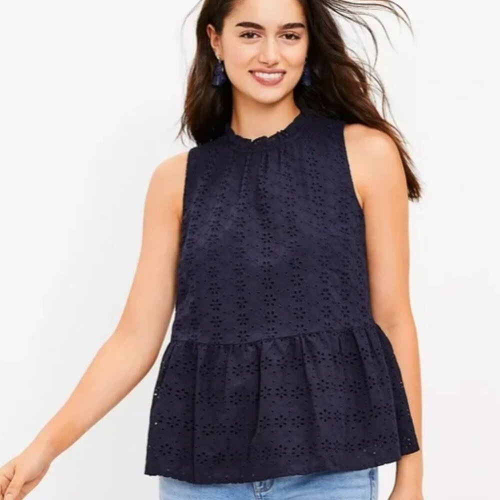 Loft Navy Blue Eyelet Peplum Sleeveless Top XL